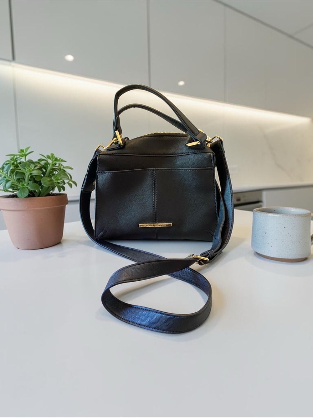 Steve Madden Black Leather Top-Handle Crossbody Bag with Gold Accents